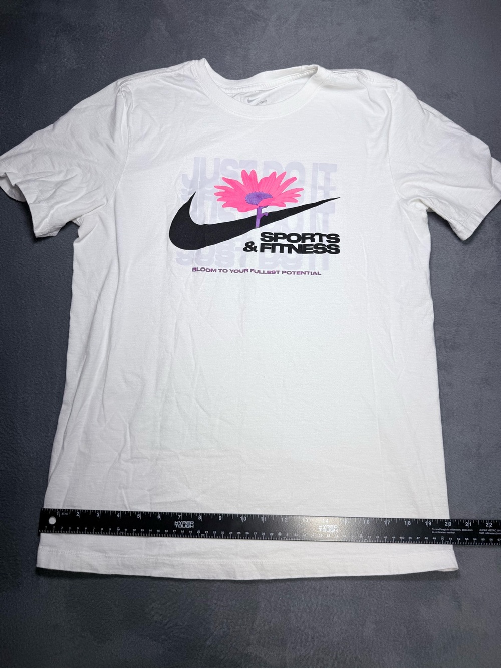 Nike Men’s White Graphic Tee with Black Swoosh and Pink Flower